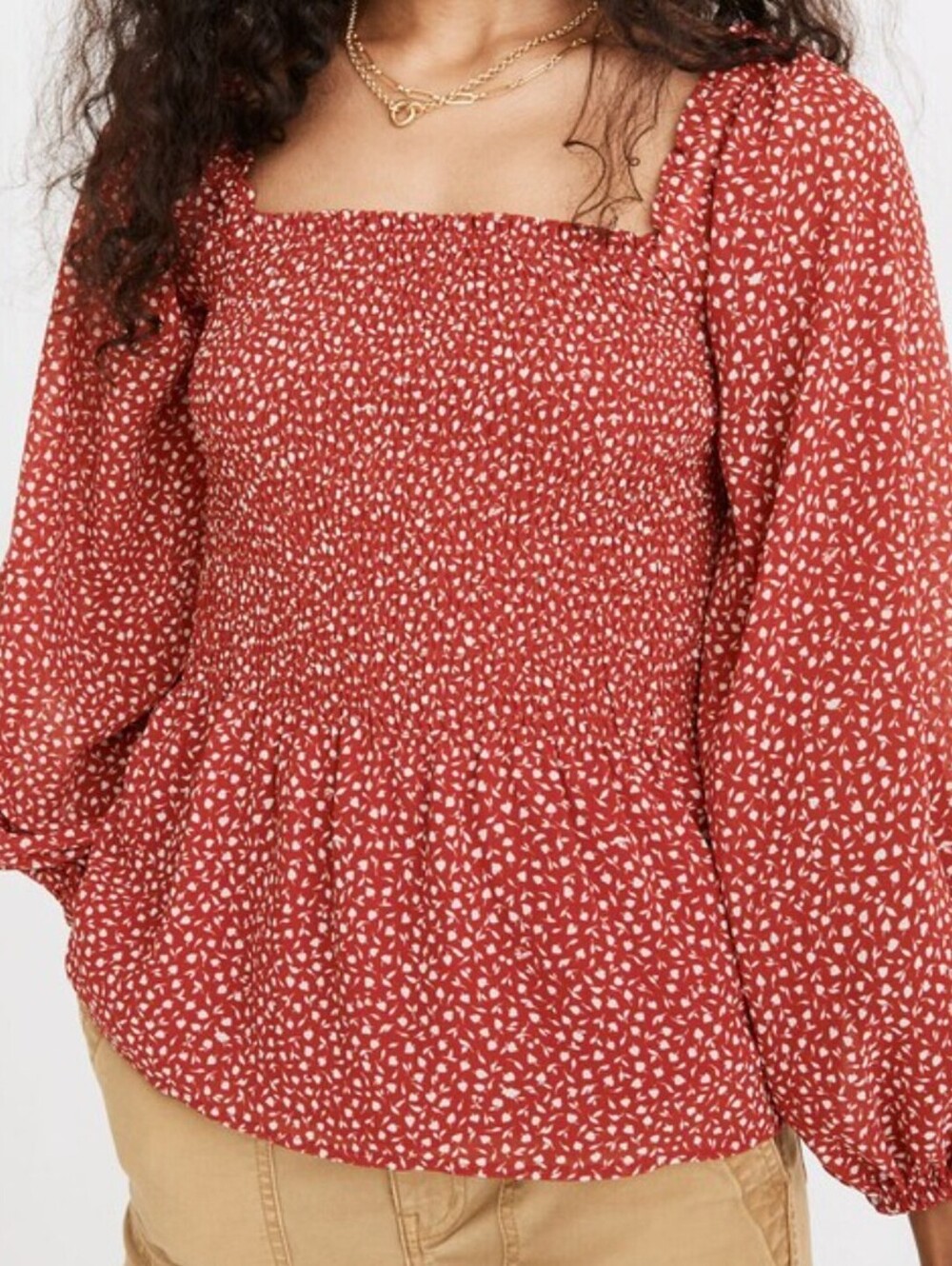 Madewell Kilt Red and White Georgette Lucie Smocked Peplum Top - Size - 00